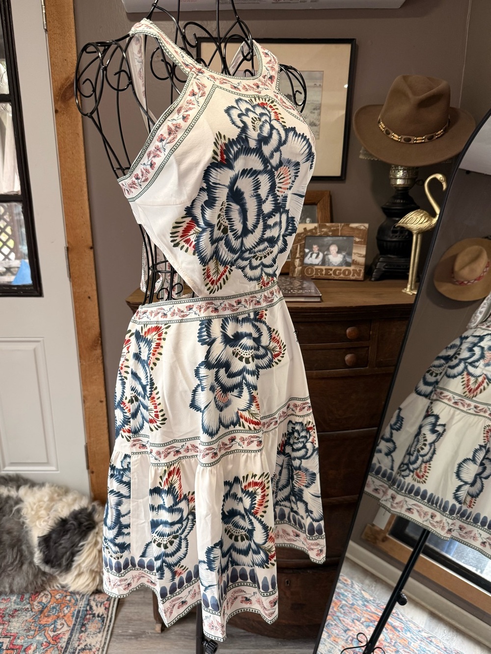 Commense Ivory Halter Mini Dress with Navy and Coral Floral Print - Picture 6 of 10